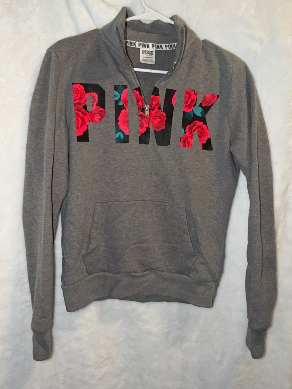 PINK Victoria's Secret Gray Quarter-Zip Sweatshirt with Pink Floral Logo XS